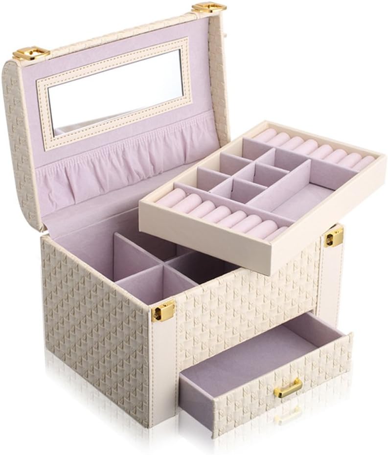 One City Center Synthetic Leather 3-Layer Large Capacity Portable Jewelry Storage Organizer Box with Mirror and Drawer