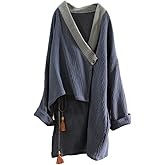 NFYM Womens Asymmetrical Shirt Textured Cotton Top Tie Wrap Chinese Zen Meditation Clothes Yoga Suit