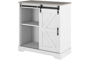 Panana Sliding Barn Door Buffet Sideboard Storage Cabinet Coffee Bar Kitchen Farmhouse Style (White Cabinet Nature Top)