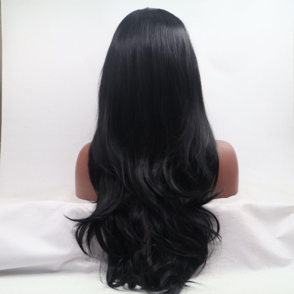 Xiweiya Black Lace Front Wig Black Natural Wavy Synthetic Lace Front Wig Heat Resistant Fiber Hair Natural Hairline Glueless Soft Wig - Image 4