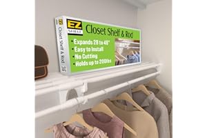 EZ SHELF Closet Shelf with Hanging Rod - 28-48” Expandable, White, Closet Shelves - Strong, Holds 200 lbs - DIY, Easy Install to 2 Side Walls - Alternative to Wire Shelving