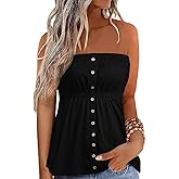FECAFO Button Strapless Bandeau Tank Women Sleeveless Backless Tube Tops Pleated Summer Casual Holiday Tanks Shirt Blouse