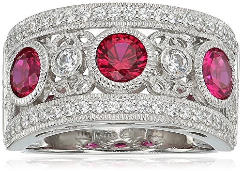 Platinum Plated Sterling Silver Round 3-Stone Created Ruby Vintage Swarovski Zirconia Accents Ring, Size 7