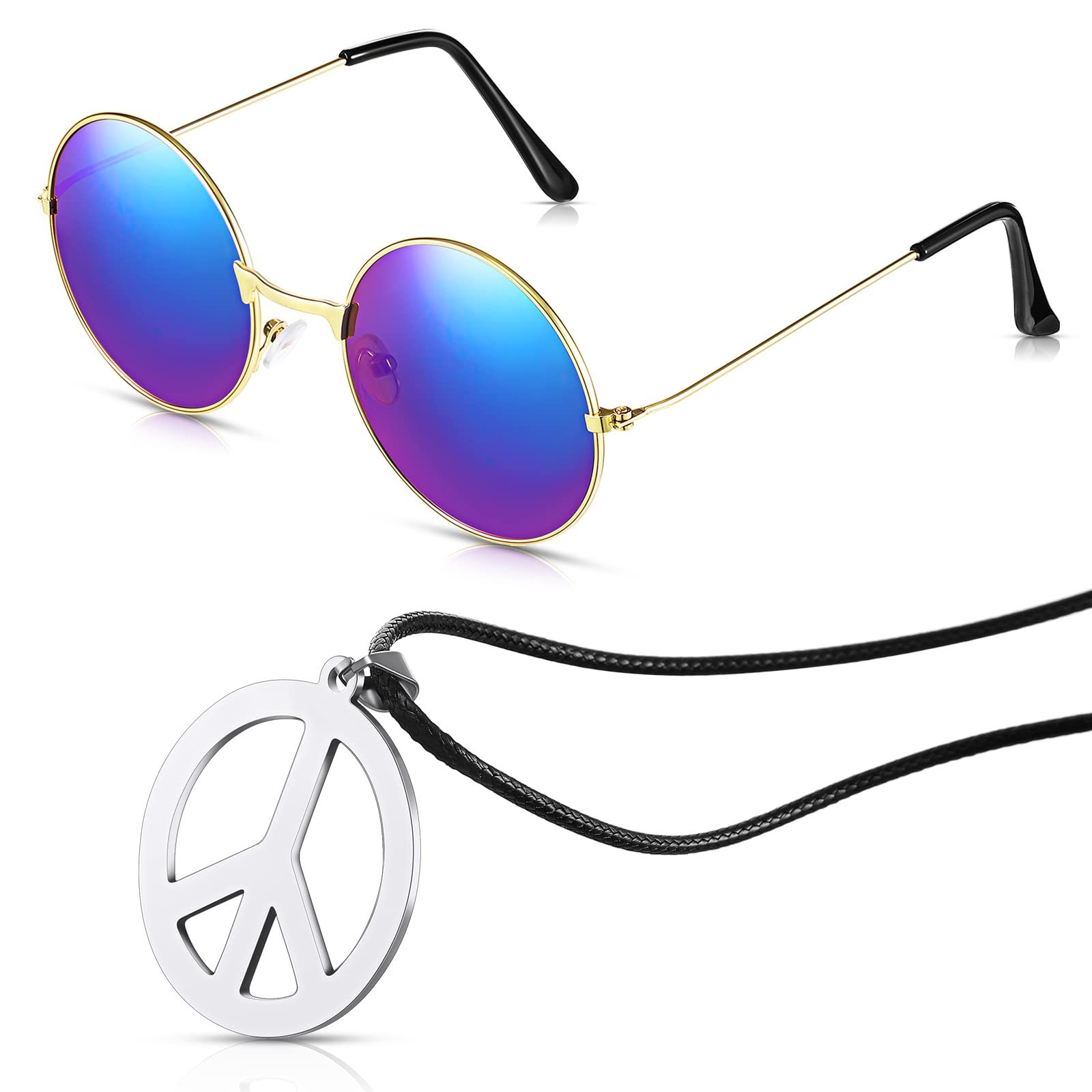 Nezyo Hippie Costume Accessory Set Includes 60s 70s Retro Round Glasses and Peace Sign Necklace for Halloween Party Supplies