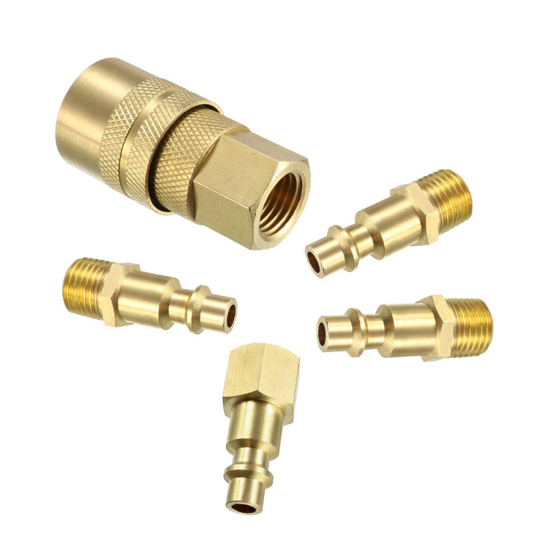 sourcing map High-Flow Plug Assortment, Brass Quick Coupler Plug Air Hose Fitting Quick-Connect Fitting, 1/4" NPT 5pcs