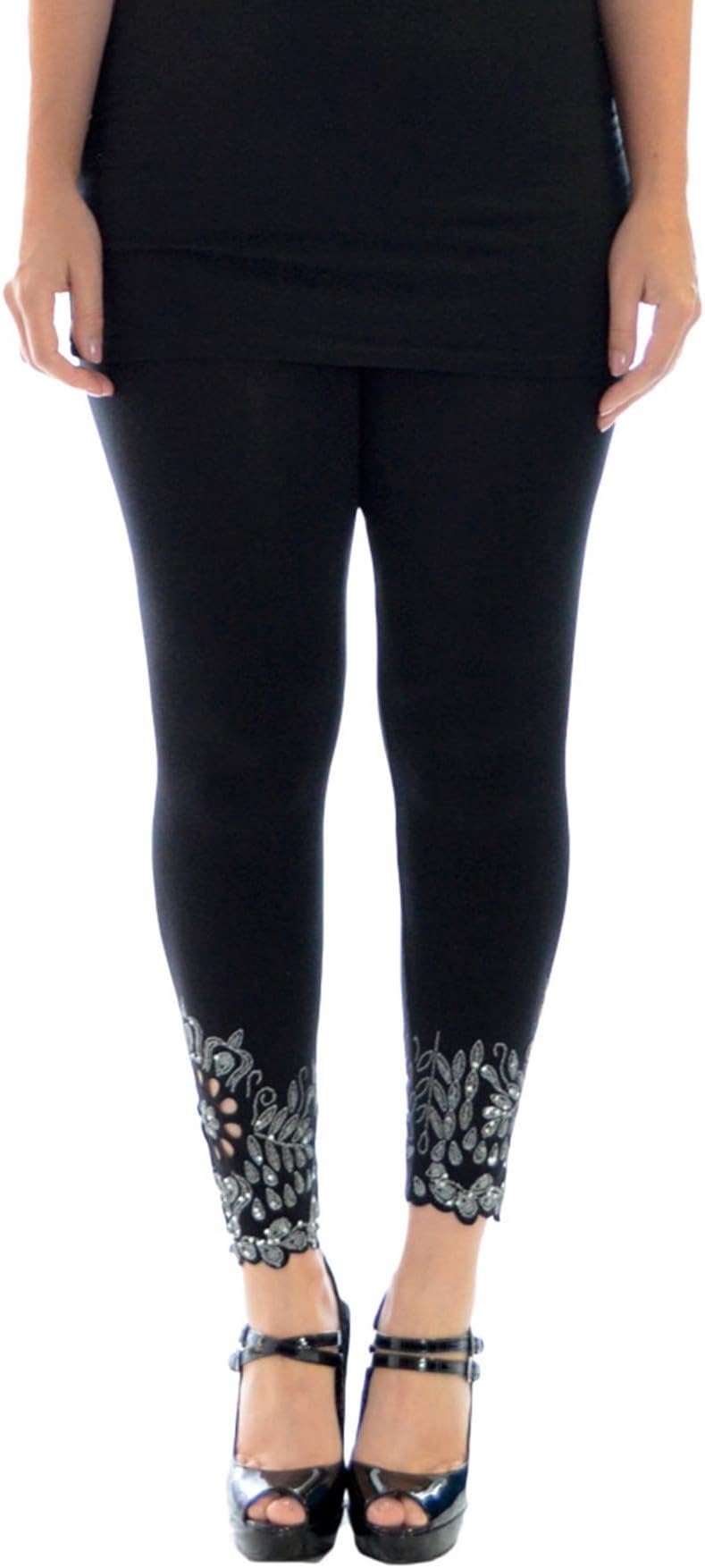 Womens Plus Size Leggings Beaded Floral Sequin Laser Cut Soft Pants Nouvelle Collection