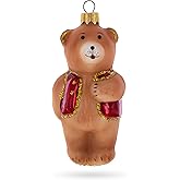 Brown Bear with Red Vest Glass Christmas Ornament