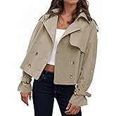 Tankaneo Womens Cropped Trench Coat Oversized Double Breasted Lapel Long Sleeve Short Jacket Fashion Outerwear