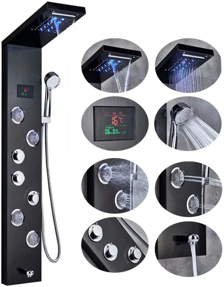 Votamuta Shower Panel Tower System, LED Light Rainfall and Mist Head Rain Massage Stainless Steel Shower Fixtures with Adjustable Body Jets,Black Color