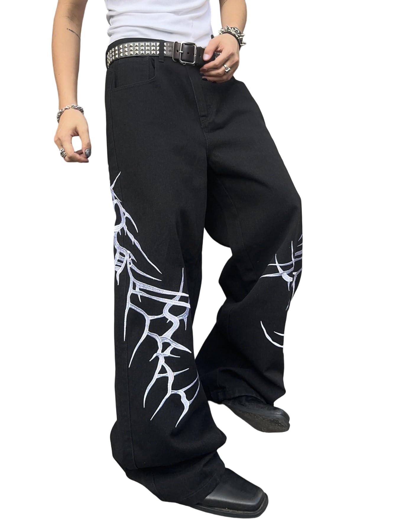 Photo 1 of DFGIGT Men's Hip-hop Embroidered Baggy Jeans Loose Fit Denim Black Trousers Distressed Straight Leg Relaxed Fit 2000s Extreme Motion Skater Skateboard Street,A10 Black,Large