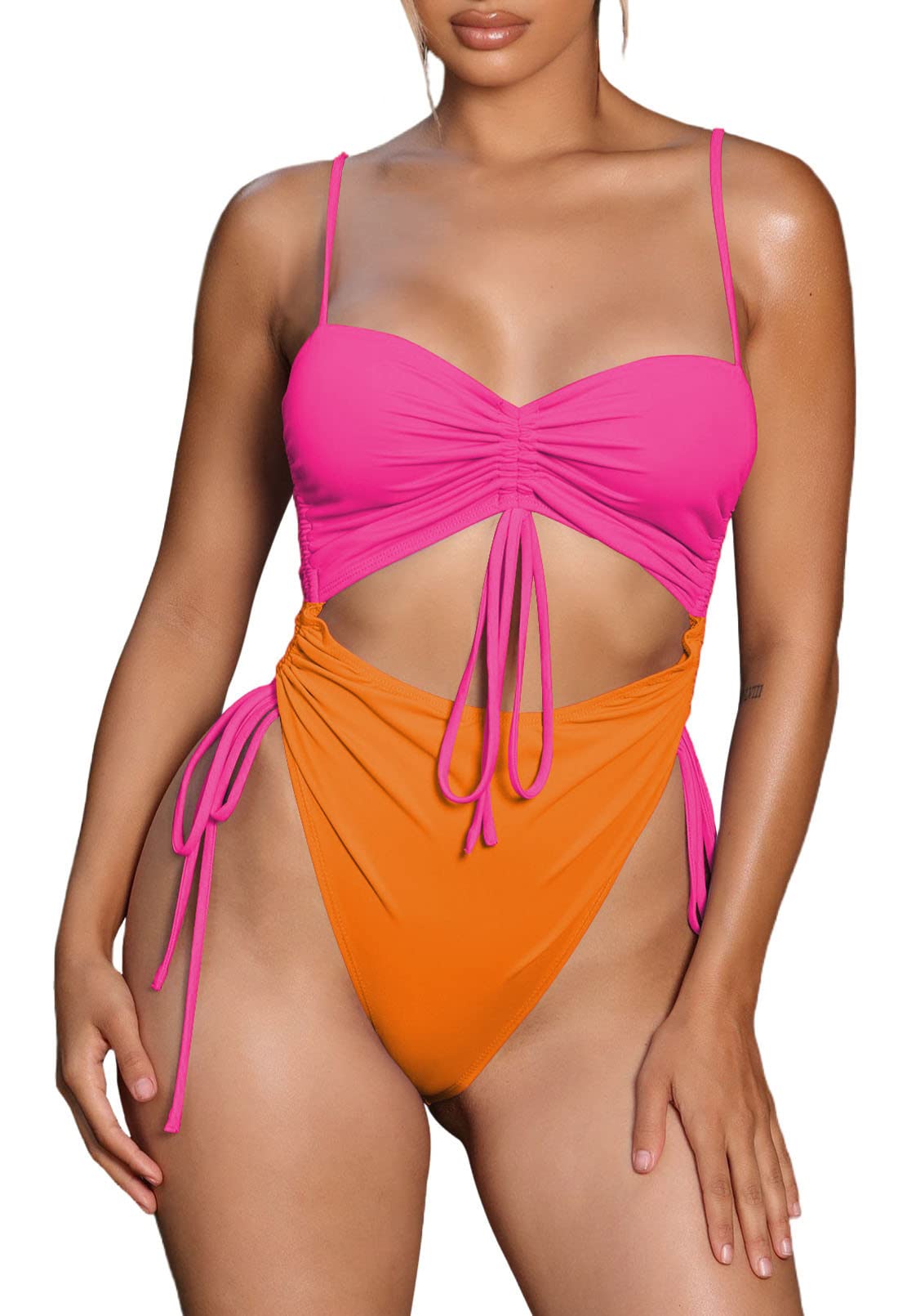 Viottiset Women's Cut Out Drawstring One Piece Swimsuit Cheeky High Cut Bathing Suit Orange Pop Pink L Image