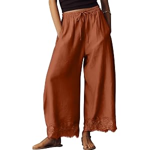 Women's Summer High Waist Drawstring Wide Leg Cropped Pants Loose Lace Hem Trousers Palazzo Pants with Pockets