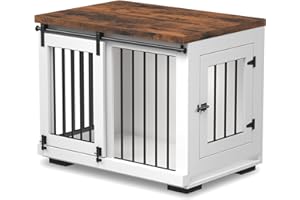 Zakkart Dog Crate Furniture Barn Door for Medium Dogs Up to 40 lbs. - Puppy Kennel w/Thickened Farmhouse Top & Steel Bars - 30'' Wide - White Decorative Modern Dog Crate Table, End Table, Nightstand