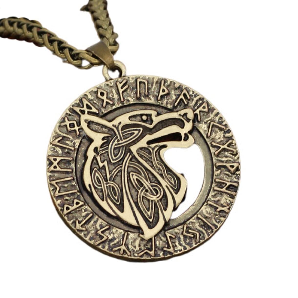 MayiaHey Norse Viking Wolf Head Necklace for Men, Celtic Wolf Animal Necklace Vintage Wolf Head Runes Circle Pendant Necklace for Boys (Gold)
