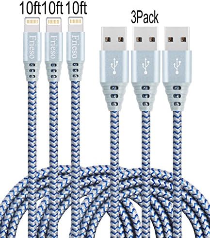 Frieso 3Pack 10ft Nylon Braided Lightning to USB Charging Cable for iPhone 7 7plus,6s 6 Plus, 5s 5c 5,SE, iPad Pro, Air 2, iPad mini 4 3 2, iPod touch 5th gen 6th gen nano 7th gen (Gray Blue)