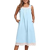 Bloggerlove Nightgowns for Women 100% Cotton Button Down Sleeveless House Dress Lace Moomoo Nightgown with Pockets