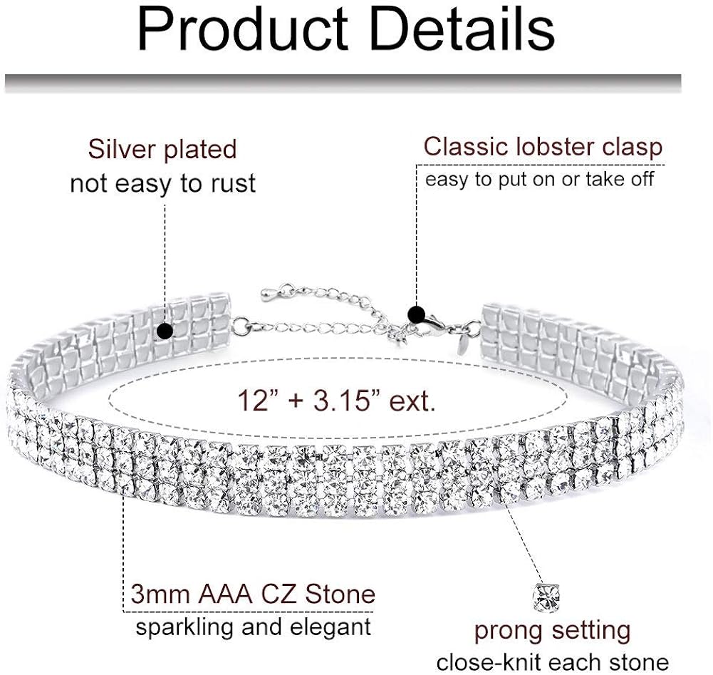 Zealmer Women 3 Row Clear Rhinestone Choker Necklace Silver Tone: Jewelry