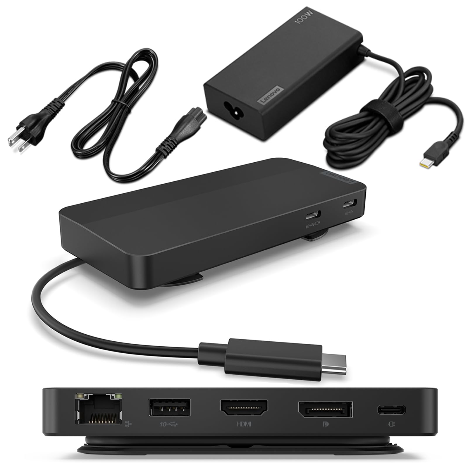 Photo 1 of Lenovo USB-C Dual Display Travel Dock w/ 100W Power Adapter - 7 Ports, Integrated USB-C Cable, Universal Compatibility, Dual Displays at 4K - Black