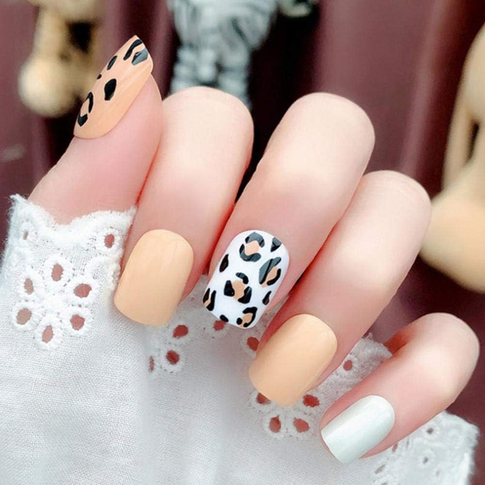 False Nails,24Pcs/Box Leopard Print Fake Press On Nails Short Square Head Nail Tips Wearable Full Cover Fake Nails For Girls