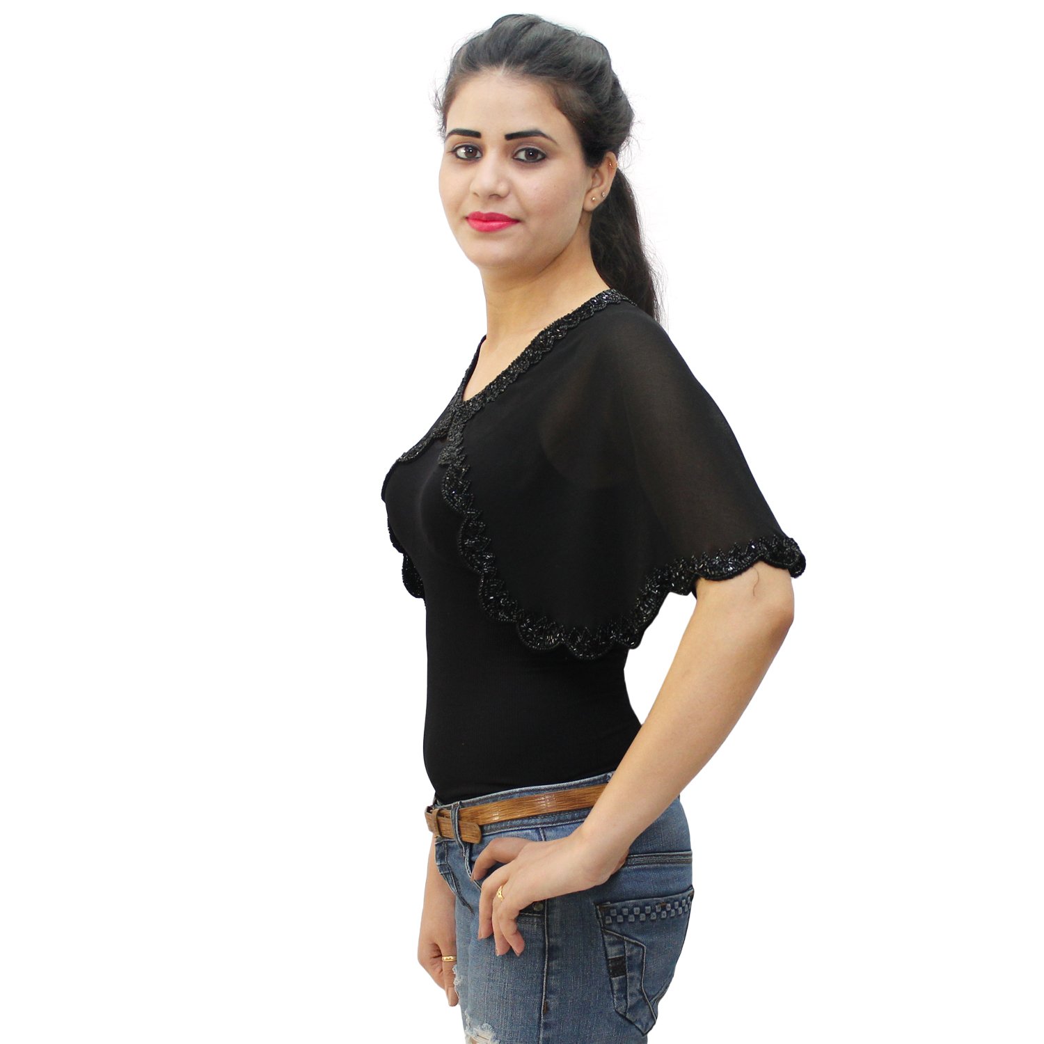 matelco women's black partywear poncho with embroidery (ad006bk177)