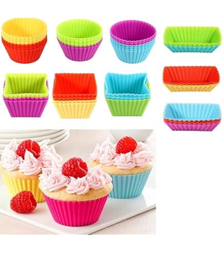 24 Moules à Muffins En Silicone - 3 Formes (rond, Carré, Rectangle) Sans BPA - Réutilisables Et Lavables Au Lave-vaisselle
