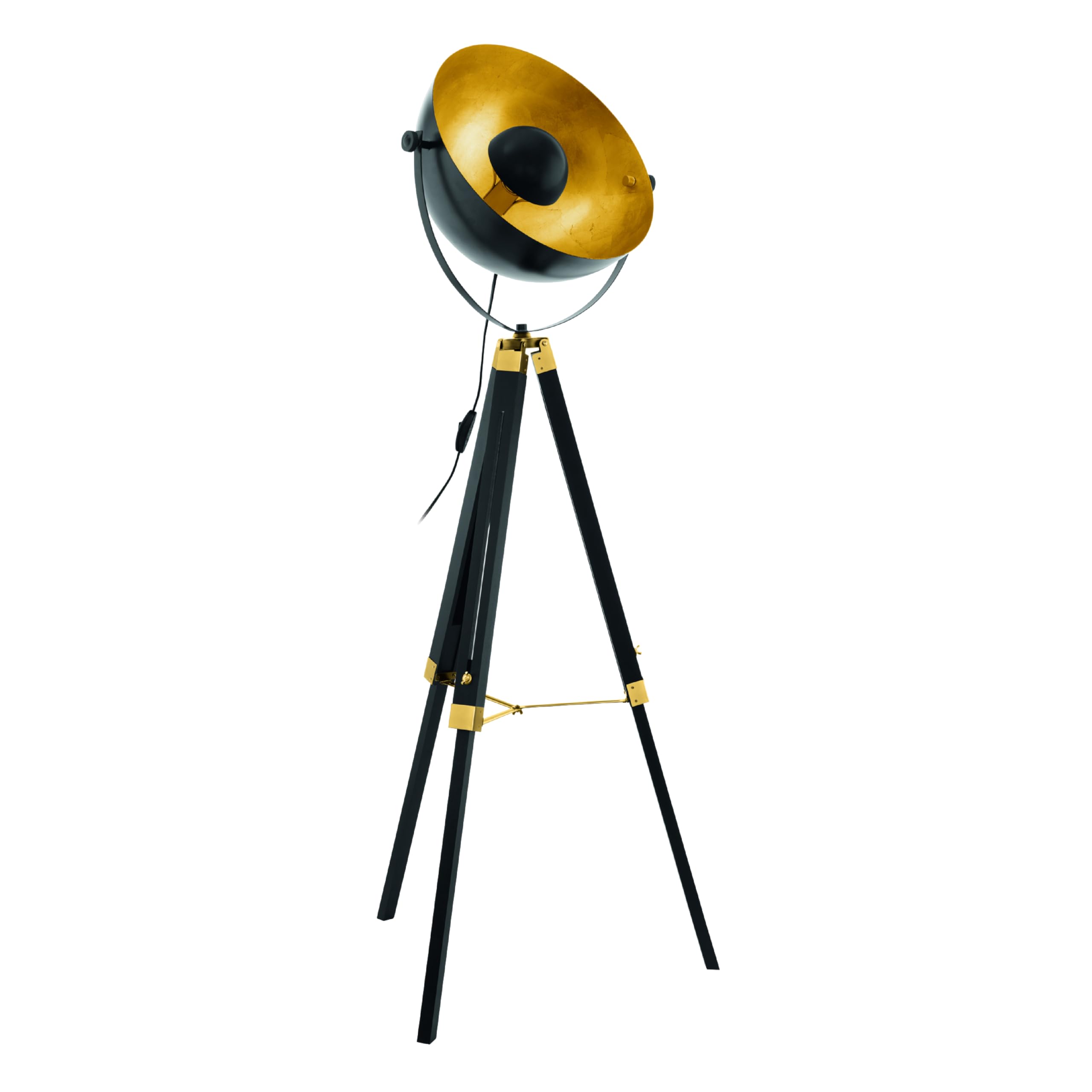 Eglo Covaleda 1-Flame Industrial and Vintage Floor lamp, Made of Wood and Steel with Brass, Black and Gold Colours Standing Light, incl. Switch, E27 Socket