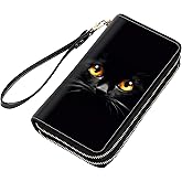 stmedazm Cute Black Cat Face Print Women Large Capacity PU Leather Double Zipper Wallet, Multifunctional Clutch Purse for Cash/Card/Coin/Smart Phone