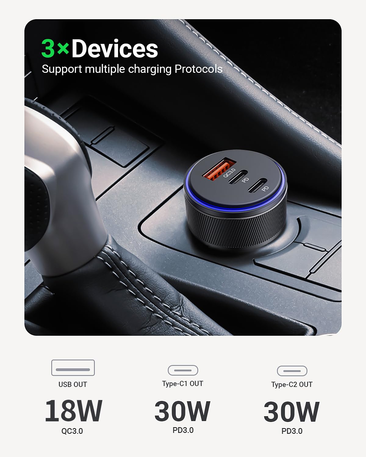 AKNSN 90W USB-C & USB-A Car Charger, 3-Port Fast Charging, PD3.0 & QC3.0, Compatible with iPhone 16/15/14/13 Pro Max, iPad, MacBook, Samsung, Google Pixel, More