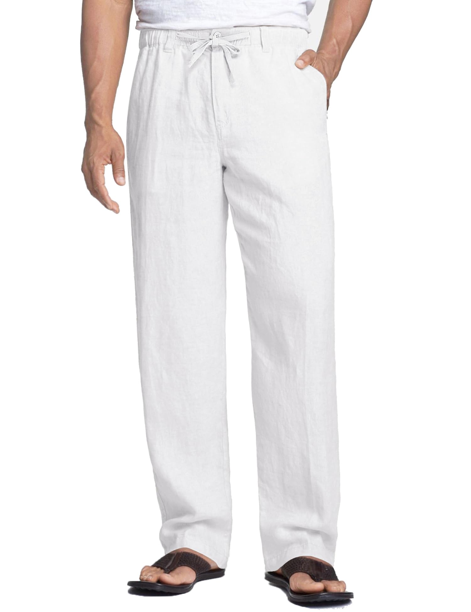 Photo 1 of COOFANDY Linen Pants Men Elastic Waist Beach Pants Drawstring Lounge Big and Tall Yoga Pants (White, L)