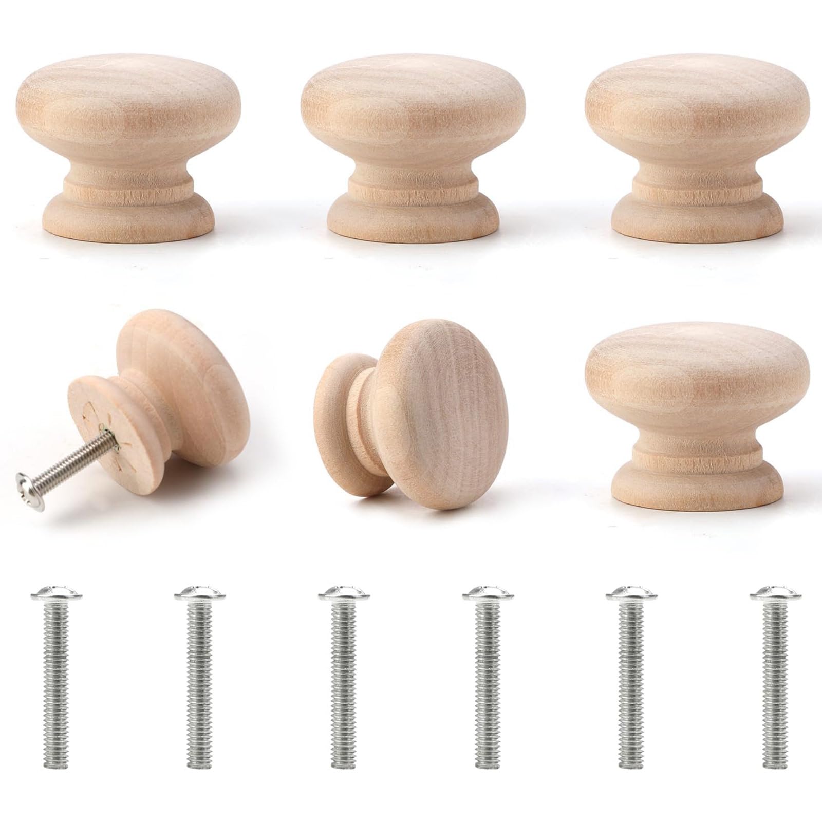 6 Pcs Wooden Cabinet Knobs with Screws, Mushroom Drawer Knobs Natural Unfinished Wood Cupboard Knob Handles Round for Furniture Wardrobe Office Dresser Drawer Pull (35mm*25mm)