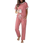 Ekouaer 100% Cotton Pajama for Women Short Sleeve Pj Top With Long Pants 2 Piece Lounge Set with Pocket