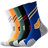 Men's 5 Pairs Mid-Crew Basketball Socks (Athletic Socks) – Polyester & Spandex, High Elastic, Breathable, Thickened Cushion, Non-Slip, Ankle Support, Moisture Wicking, Training Socks (Size 7-14)