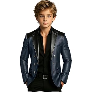 VENNYNG Boys PU Leather Jacket Two Tone Double Breasted Blazer Suit Coat for Party Rock Wedding Show