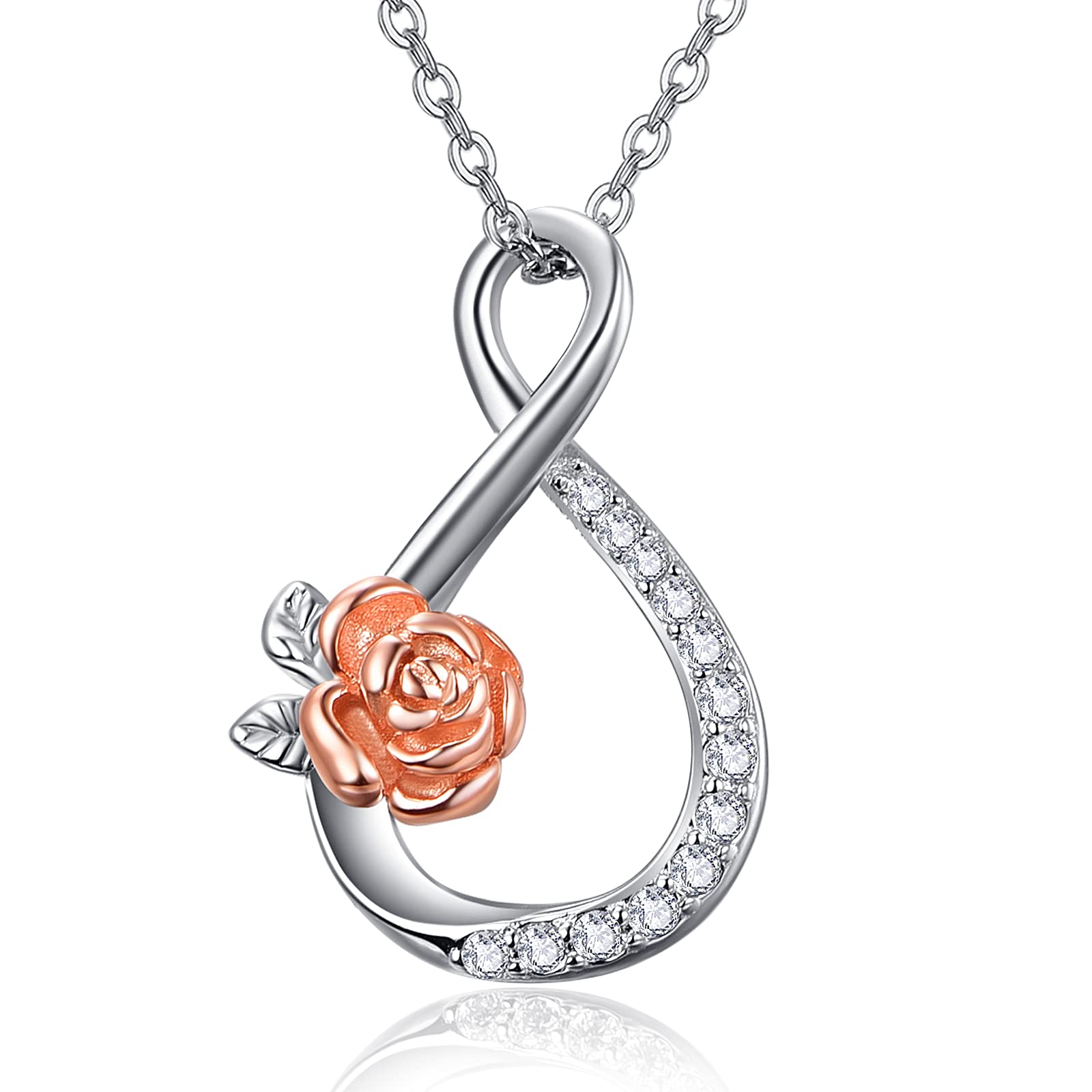 KINGWHYTE Infinity Necklaces for Women 925 Sterling Silver Rose Flower Pendant Necklace Jewellery Gifts for Girlfriend Mom Wife