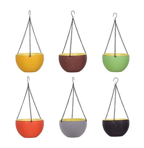 AASHU Plastic Self Watering Plant Pot With Hanging Chain, Multicolour, 8.5 inch, 6 Pieces