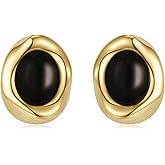 Dckazz Gold Earrings for Women Oval Stud Trendy 14K Gold Plated Black Brown Stone Earrings Hypoallergenic