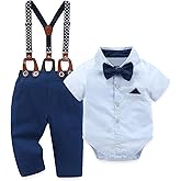 Hresadio Baby Boy Suit Clothes Set Formal Infant Gentleman Outfits, Dress Shirt With Bowtie + Suspender Pants 0-24 Months