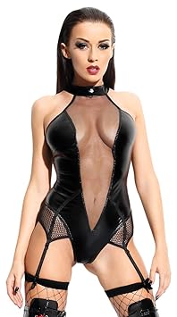 Demoniq Wetlook Damenbody Agnes Schnürung Strapsbody Schwarz Dessous Body Sexy