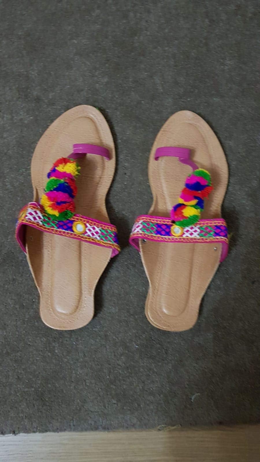 Bohemian POM POM SLIPPERS SIZE 4, Women's Summer Bohemia Style Flip Flops Shoes With Handmade plastic mirror T-Strap Flat Slippers Beach Shoes For Women and Girls