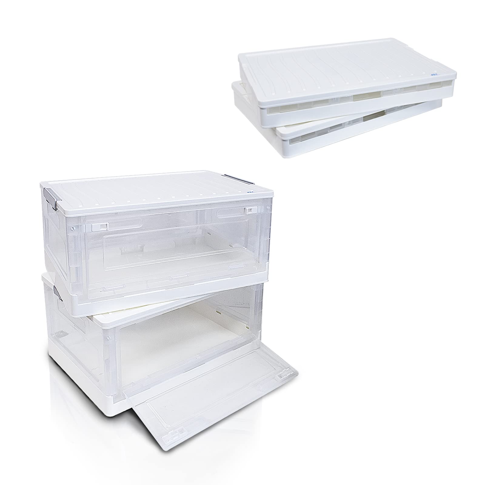 SIC Transparent Folding Storage Box with Front Door, Plastic Storage Crates, Car Boot Organizer, Cabinets, Home, Eating, Office, (42 x 28 x 21 cm) *2, White)