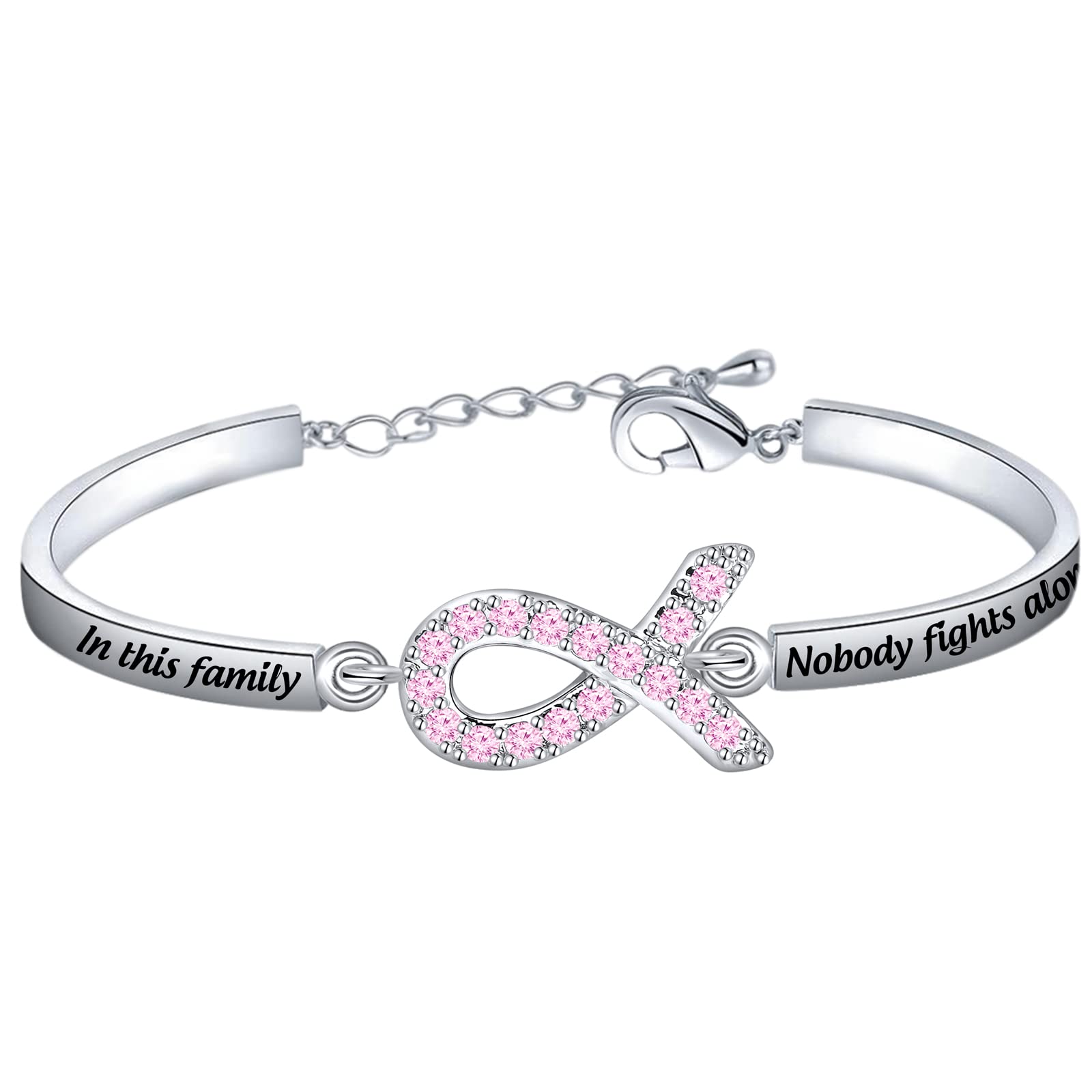 BNQL In This Family Nobody Fights Alone Bracelet Silver Cancer Awareness Bracelet Cancer Survivor Gift Silver Stainless Steel Bangle Keychain Necklace Jewelry
