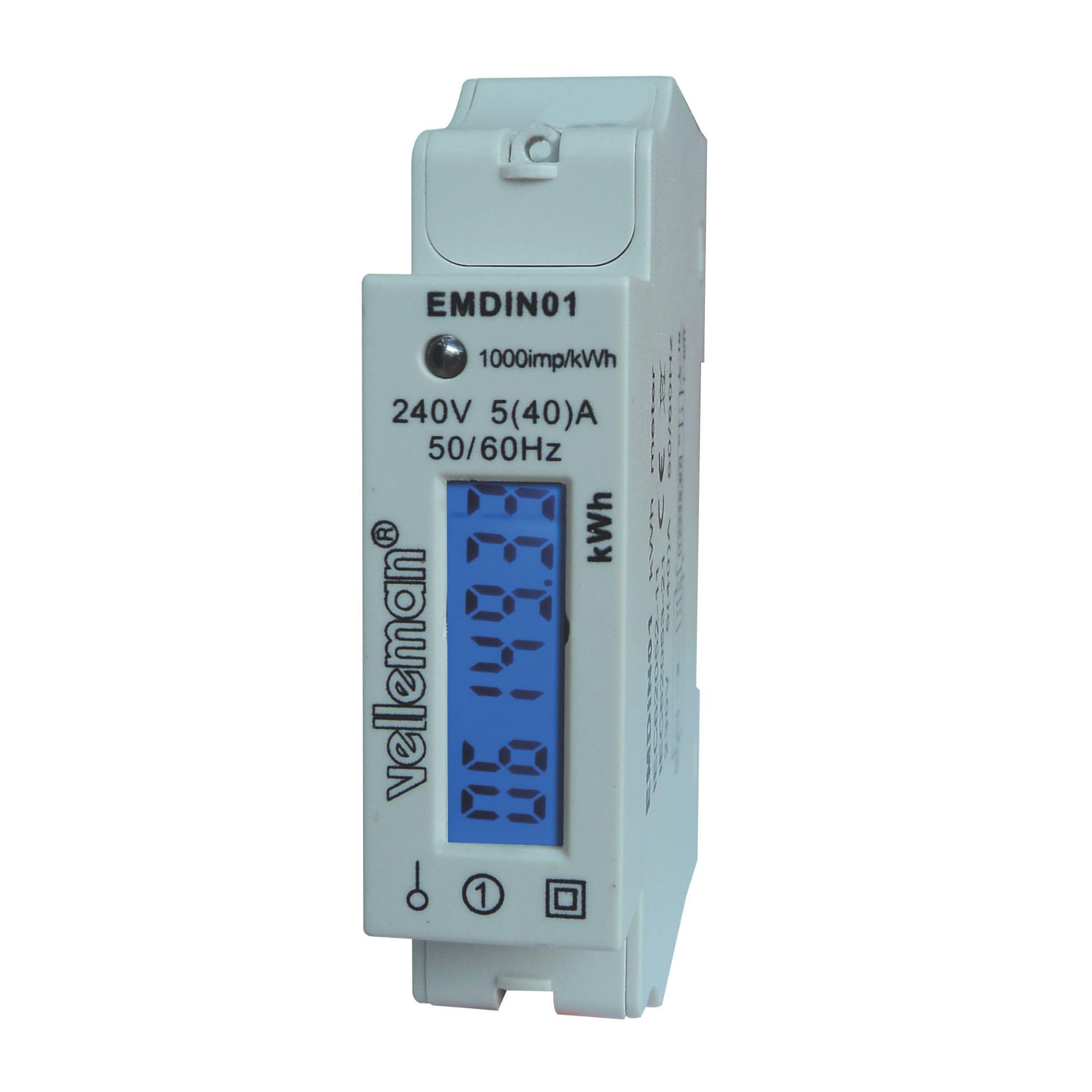 Velleman EMDIN01 Single Phase Module Din-Rail Mount Kwh Meter for Professional Use, Multi-Colour