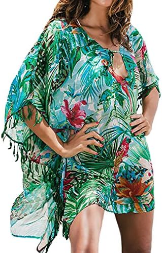 Bestyou Women's Print Kaftan Short Chiffon Caftan V Neck Poncho Tops Bikini Swimsuit Cover Up Swimwear Beachwear