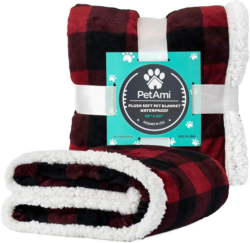 PetAmi Waterproof Dog Blanket for Bed, Couch, Sofa | Waterproof Dog Bed Cover for Large Dogs | Sherpa Fleece Pet Blanket Furniture Protector | Reversible Microfiber | 80 x 60 (Checkered Red) : Pet Supplies