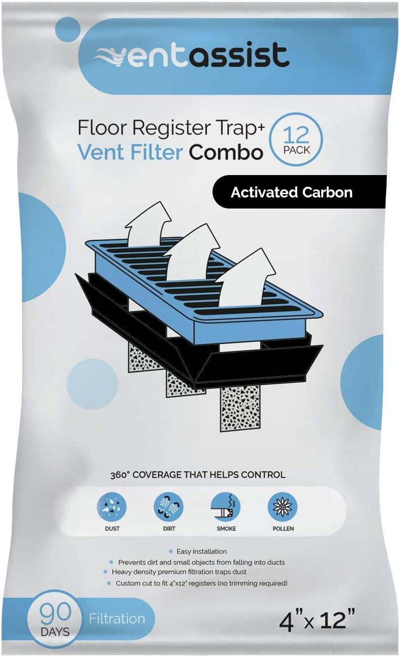 Registers, Grilles & Vents - Vent Assist Floor Register Vent Grate Trap and Air Filter Combo - Filtration for House HVAC Ventilation - Helps Control Dust and Pollen - Pre Cut (Activated Carbon, 4 Inches x 12 Inches, 12 Pack)