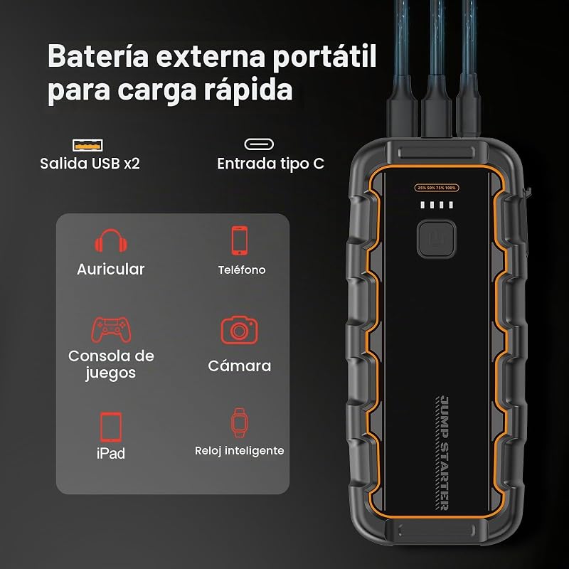 Motor de arranque de bateria de carro de 7000A, para gasolina de 8.0L/gasóleo de 6.0L, arranque portátil de 12V com carregamento rápido USB e grampos para bateria, funciona em frios extremos, para carro, mota, barco, campismo