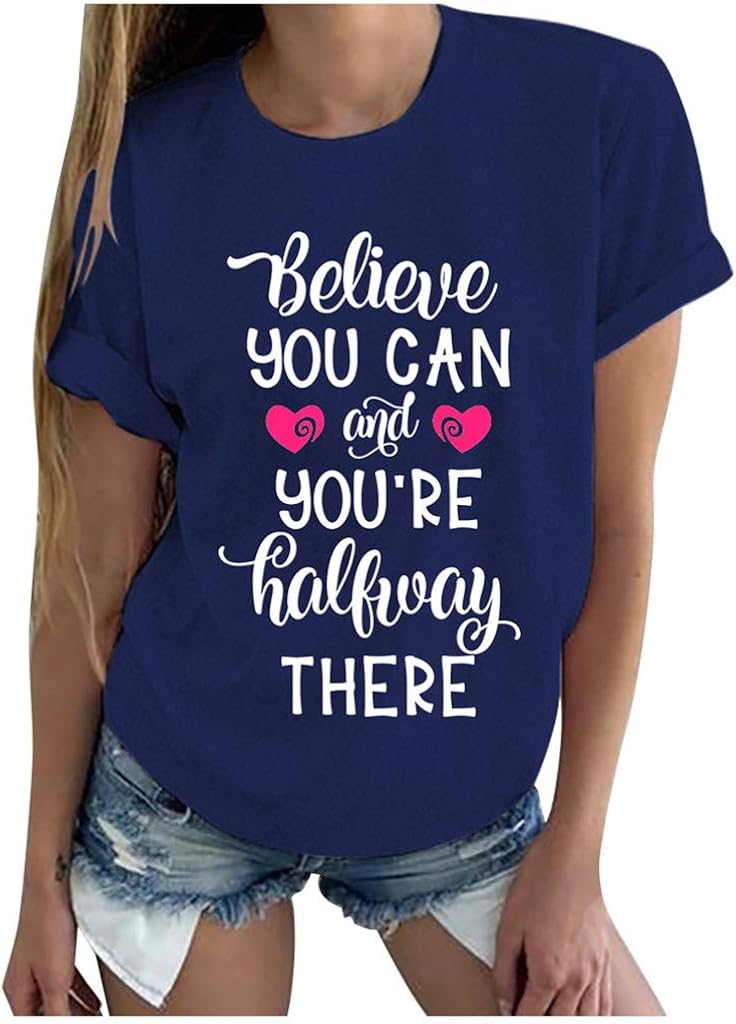 TIFENNY Fashion Tees Women's Summer Shirts Casual Short Sleeve Letter Printed O-Neck Tops Tee T-Shirt Blouse