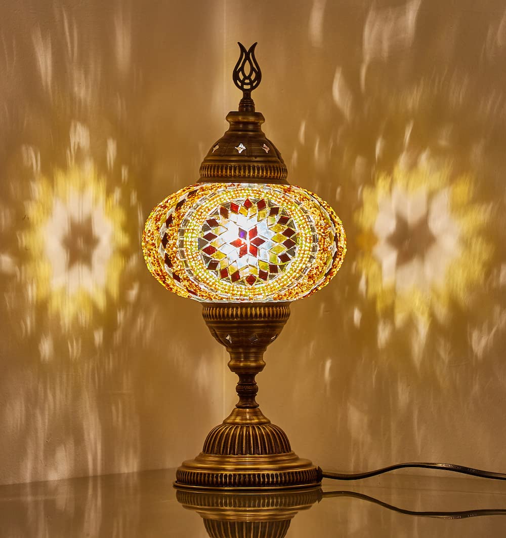 DEMMEX Turkish Moroccan Mosaic Table Bedside Night Lamp, Tiffany Style Colorful Glass Mosaics Unique Oriental Exotic Table Lamp, 16cm Big Size Globe, 36cm Height, Handmade in Turkey (Amber)