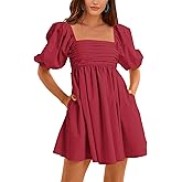 Ebifin Womens Square Neck Dresses Half Puff Sleeve High Waist A-Line Casual Backless Smocked Short Babydoll Mini Dress