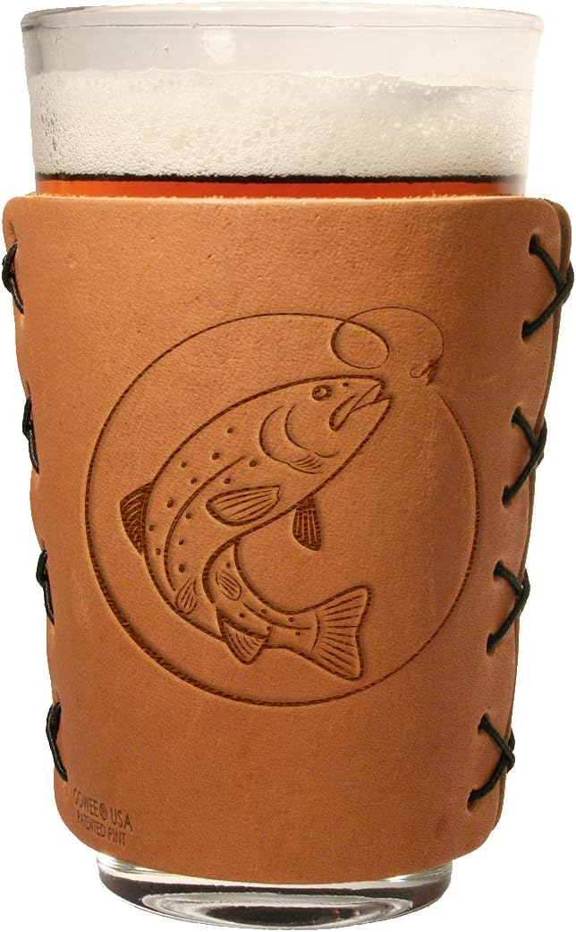 Fish on a Hook Leather Pint Glass Cooler/Branded Leather Pint cozy…